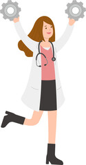 Paramedic or doctor or nurse woman in physician gown happy jumping with gears and machinery