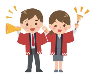 メガホンとハンドベルでセールの呼び込みをする男女スタッフ　赤い法被