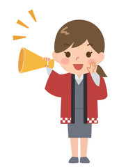 メガホンで呼び込みをする赤い法被の女性スタッフ