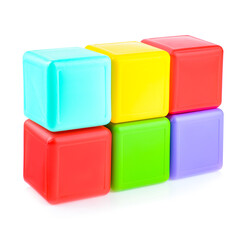 Colorful plastic cubes for children. Different geometric shapes isolated on a white background