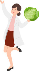 Paramedic or doctor or nurse woman in physician gown happy jumping with green vegetables