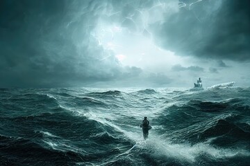 Ship in the stormy sea - obrazy, fototapety, plakaty