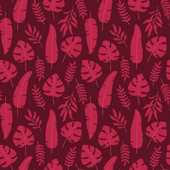 Obraz na płótnie Canvas Vector floral seamless pattern in the color of the year 2023 viva magenta with leaves and branches