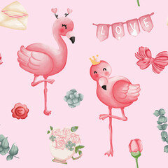 Flamingo Valentine Seamless pattern, Valentine and Love background..