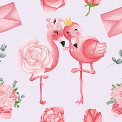 Flamingo Valentine Seamless pattern, Valentine and Love background..