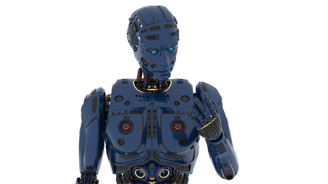 Detailed appearance of the dark blue AI robot under white background. Concept image of automatic operation, optimization and block chain. 3D illustration. 3D high quality rendering. PNG format.
