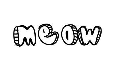 Doodle style lettering meow. Symbol of cats and kittens. Minimalistic sticker for social media and reaction for messengers. Graphic element for printing on fabric. Cartoon flat vector illustration