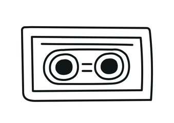 Doodle style cassette. Listening to music and audio files. Inventory for radio and tape recorder, cartridge. Gadgets and devices. Poster or banner for website. Cartoon flat vector illustration