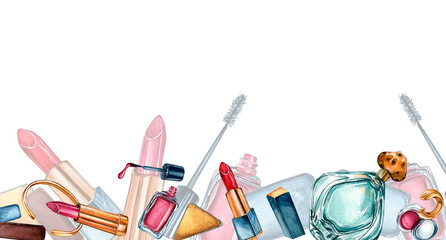 Banner of makeup cosmetics watercolor isolated on white.