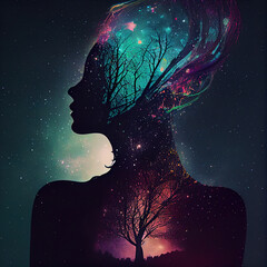 silhouette of girl combined with branches on galaxy background