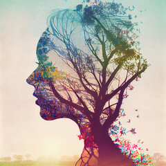 silhouette of girl combined with branches on galaxy background