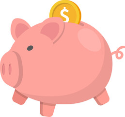 Pink piggy banker with golden coins, saving money for investing wealthy, vector cartoon icon