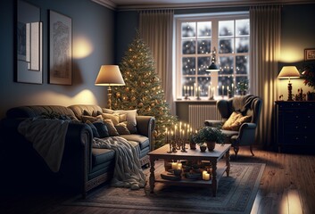 Beautiful interior of a living room with grey sofas in the dark with a decorated christmas tree and a beautiful lpam beside a window where we see it is snowing outside