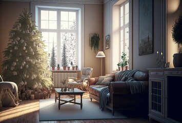 Luxury beautiful living room with a very big light green christmas tree with white ornaments beside two big windows with strong sun light