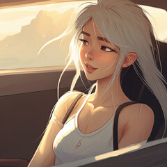 Beautiful young girl sitting in the car. modern digital art  illustration wallpaper.