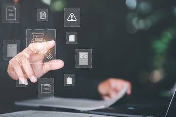 Businessman Audit documents, quality assessment management With a checklist, business document evaluation process, market data report analysis and consulting, plan review process.