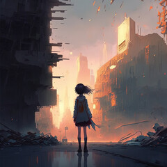 Little girl standing in front of the ruined city. modern digital art illustration wallpaper.