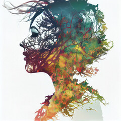 silhouette of girl combined with tree branches on galaxy background. Modern digital illustration art wallpaper.