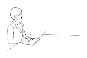 continuous line drawing of professional young businesspeople working with laptop