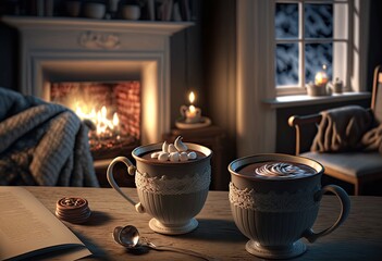 Delicios cups of hot cocoa with marshmallows and cinnamon in front of a beautiful chimney