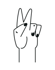 Doodle style gesture. Hand shows two fingers, positivity and optimism. Emotions, gestures and feelings. Sticker for social networks and messengers. Logo and branding. Cartoon flat vector illustration