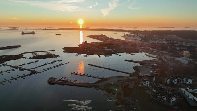 Hanko marina and the city of Hanko, spring sunset in Uusimaa, Finland - panoramic, aerial view
