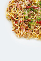 close up of spaghetti spicy with bacon in white dish