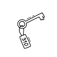 Outline key with tag from hotel room or apartment. Vector doodle illustration isolated on white