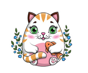 Easter cat egg. Sticker for social networks and messengers. Kitten, love for animals. Nature and fauna. Spring holiday symbol. Culture and tradition concept. Cartoon flat vector illustration