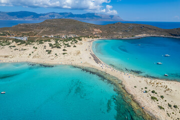 Aerial view of Simos beach in Elafonisos. Located in south Peloponnese elafonisos is a small island very famous for the paradise sandy beaches and the turquoise waters