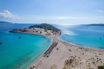 Aerial view of Simos beach in Elafonisos. Located in south Peloponnese elafonisos is a small island very famous for the paradise sandy beaches and the turquoise waters