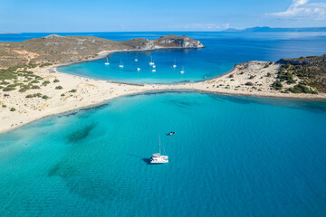 Aerial view of Simos beach in Elafonisos. Located in south Peloponnese elafonisos is a small island very famous for the paradise sandy beaches and the turquoise waters