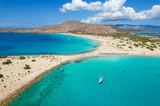 Aerial view of Simos beach in Elafonisos. Located in south Peloponnese elafonisos is a small island very famous for the paradise sandy beaches and the turquoise waters