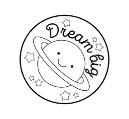 Dream big icon. Motivational quote. Hippie era, 80s and 90s. Poster or banner for website. Company logotype and branding. planet and stars. Aesthetics and elegance. Cartoon flat vector illustration