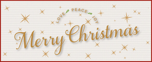Elegant Gold Text Web Banner Merry Christmas Love Peace Joy with Stars on Lightly Striped Background with Holiday Red Border