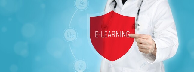 E-Learning. Arzt hält rotes Schutzschild umgeben von Icons im Kreis. Medizinisches Wort im Symbol