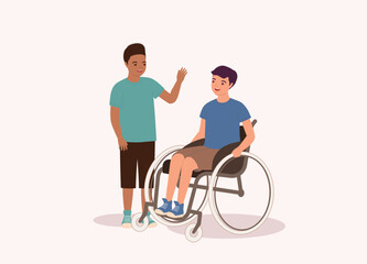 Smiling Black Boy Making Friend With A Boy With Wheelchair. Full Length. Flat Design, Character, Cartoon.