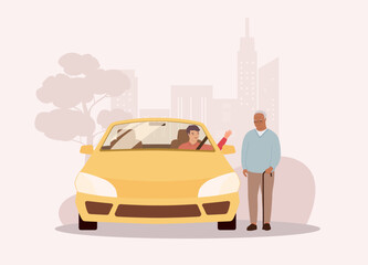 Kind Man With Yellow Car Offer His Ride To A Black Senior Man. Full Length. Flat Design Style, Character, Cartoon.