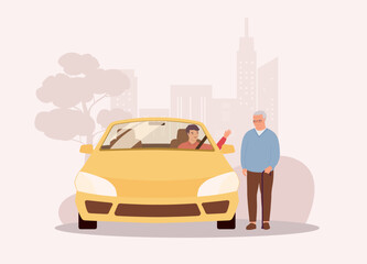 Kind Man With Yellow Car Offer His Ride To A Senior Man. Full Length. Flat Design Style, Character, Cartoon.