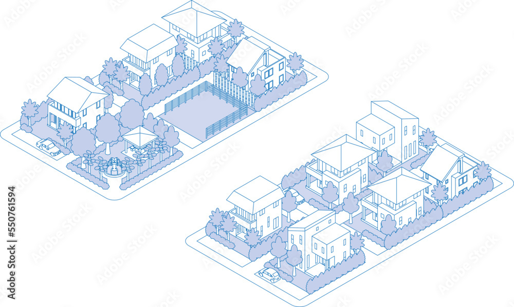 Wall mural 建物の立体的なイラスト. 街並みの景観. 線画のイラスト.