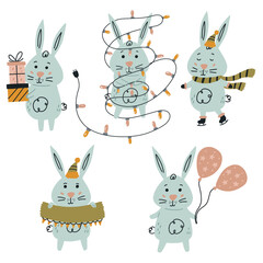 Set of cute bunny characters. Doodle collection rabbit happy animal with minimalist modern happy holiday. Flat vector illustration 