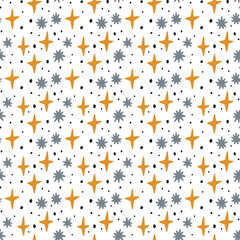 Fototapeta na wymiar Seamless minimalist snowflake star pattern. Doodle Shine Bright Baby Shower Scandinavian wallpaper background. Textile fabric design for kids