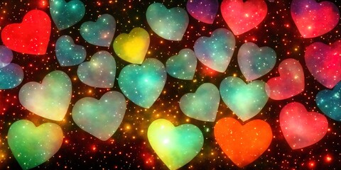 Fototapeta na wymiar Valentine's Day Hearts Transparent Glass Floating in Space with Nebula Galaxies and Stars Valentine