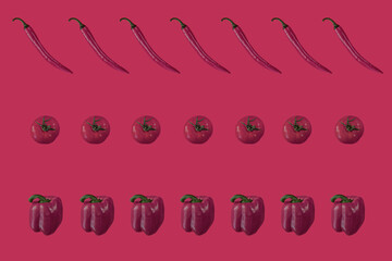 Chili pepper, tomato and sweet pepper pattern. On the magenta Backdrop. Theme color of the year