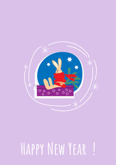 New Year and Christmas 2023 celebration concept with bunny in flat style. Christmas cards with cute rabbits.