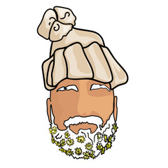 Portrait of a man in a hat and beard in flowers. T-shirt design and printing, clothing, bags, posters, invitations, postcards, flyers, etc. A philosopher with a cap and a beard with flowers. Beatnik