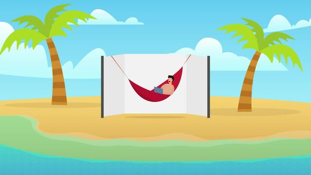 Man using a laptop on hammock while relax on beach