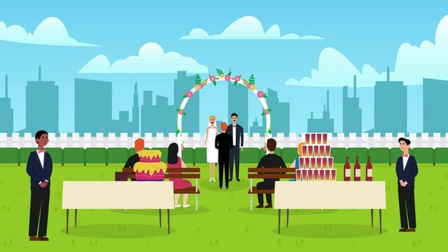 Newlywed standing with priest and guests at park