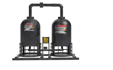 twin metallic chemical tanks on a white background