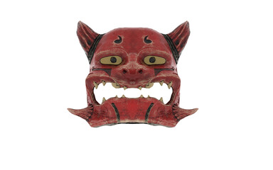 japanese red demon mask with horns and fangs on white background